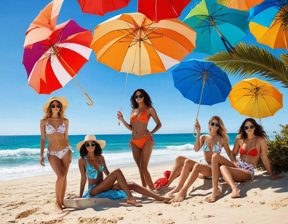 A vibrant beach scene showcasing diverse models in luxurious, lingerie-inspired swimsuits and playful summer attire. Include colorful beach umbrellas, a clear blue sky, and gentle waves in the background. Highlight accessories like oversized hats and stylish sunglasses, capturing the essence of summer 2023 fashion trends. Emphasize bright colors and a sense of joy and freedom. super-realistic. vibrant colors. sunny atmosphere.