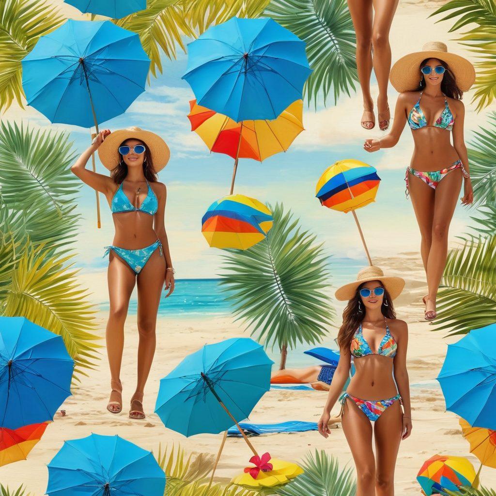 A vibrant beach scene featuring models confidently wearing trendy thong swimsuits and bikinis, showcasing diverse body types. Sun-soaked sandy shores with palm trees, a clear blue sky, and colorful beach umbrellas in the background. Add stylish summer accessories like sunglasses and hats to enhance the fashion element. The atmosphere is lively, capturing the essence of summer fun and confidence. super-realistic. vibrant colors. beach theme.